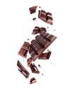 Levitation of crushed dark chocolate bar in the air isolated on a white background Royalty Free Stock Photo