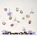 Levitation effect, flowers and liquorice candies in the air,. , on a light background