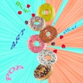 Levitation, flying donuts of different colors with raspberries, in pop art style
