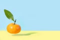 Levitation flying food tangerine with green leaf on yellow and blue background copy space