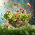 Levitation or flying of vegetarian green salad