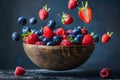 levitation Fresh fruit Salad, fruits salad pieces captured in a levitating arrangement Royalty Free Stock Photo