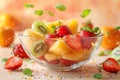 levitation Fresh fruit Salad, fruits salad pieces captured in a levitating arrangement Royalty Free Stock Photo