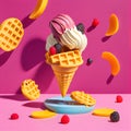 levitation illustration Belgium waffles with chocolate sauce, ice cream and strawberries isolated on magenta background breakfast