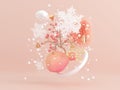 Levitation objects abstract shape white snowflake pink leaf nature winter concept abstract 3d rendering