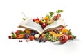 Levitation of open recipe book with fresh vegetables and fruits Royalty Free Stock Photo