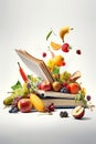 Levitation of open recipe book with fresh vegetables and fruits Royalty Free Stock Photo