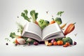 Levitation of open recipe book with fresh vegetables and fruits Royalty Free Stock Photo