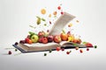 Levitation of open recipe book with fresh vegetables and fruits Royalty Free Stock Photo