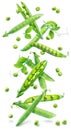Levitation of peas. Peas and pea pod falling down isolated on white background Royalty Free Stock Photo