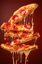Levitation slices of pizza on black background, AI Generated