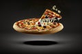 Levitation pizza on black background Generative AI