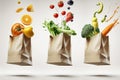 A levitation three paper grocery bags filled with a colorful assortment