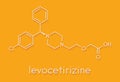 Levocetirizine antihistamine drug molecule. Used to treat hay fever, urticaria and allergies. Skeletal formula.
