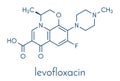 Levofloxacin antibiotic drug fluoroquinolone class molecule. Skeletal formula.