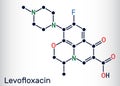 Levofloxacin, fluoroquinolone antibiotic molecule. It is used to treat bacterial sinusitis, pneumonia. Skeletal chemical formula