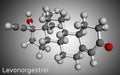 Levonorgestrel progestin molecule. It is synthetic progestogen, contraceptive. Molecular model. 3D rendering Royalty Free Stock Photo