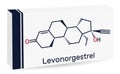 Levonorgestrel progestin molecule. It is synthetic progestogen, contraceptive. Skeletal chemical formula. Paper packaging for