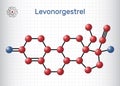 Levonorgestrel progestin molecule. It is synthetic progestogen, contraceptive. Structural chemical formula and molecule model.