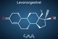 Levonorgestrel progestin molecule. It is synthetic progestogen, contraceptive. Structural chemical formula and molecule model