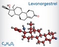 Levonorgestrel progestin molecule. It is synthetic progestogen, contraceptive. Structural chemical formula and molecule model