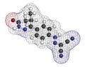 Levosimendan heart failure drug molecule. 3D rendering. Atoms are represented as spheres with conventional color coding: hydrogen