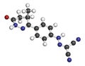 Levosimendan heart failure drug molecule. 3D rendering. Atoms are represented as spheres with conventional color coding: hydrogen