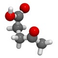 Levulinic acid molecule. Made by degradation of cellulose, potential precursor to biofuels. 3D rendering. Atoms are represented as