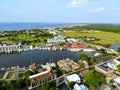 Lewes, Delaware, U.S.A - June 2, 2019 - The aerial view of the beach town, fishing port and waterfront residential homes along the