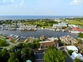 Lewes, Delaware, U.S.A - June 2, 2019 - The aerial view of the beach town, fishing port and waterfront residential homes along the