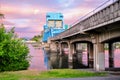 Lewiston - Clarkston blue bridge against sky with pink clouds on the border of Idaho and Washington states