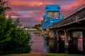 Lewiston - Clarkston blue bridge against vibrant twilight sky. Idaho and Washington states border