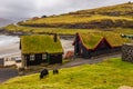Small village Leynar situated on the slope of the mountain, Faroe Islands