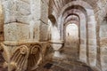 Leyre, Spain - August 10, 2019 : Interior of the ancient romanesque crypt of the Church of Holy Savior of Leyre Iglesia