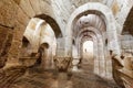 Leyre, Spain - August 10, 2019 : Interior of the ancient romanesque crypt of the Church of Holy Savior of Leyre Iglesia