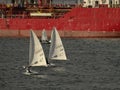 Sport sailors in contrast with giant petrol ship