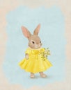 Drawing of a cute rabbit, yellow color, summer adventures of a rabbit