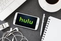 LG K10 with Hulu application laying on desk.
