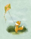 Cartoon drawing of a cute little fox playing with a kite, a bushman summertime fun