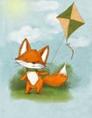 Cartoon drawing of a cute little fox playing with a kite, a bushman summertime fun