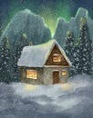 Hand drawn illustration of a fairytale house in a winter forest Royalty Free Stock Photo