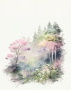 Watercolor forest, nature spring drawing in pastel colors