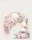 Elegant watercolor arch of balloons and flowers in delicate pastel colors, wedding arch, wedding invitation design