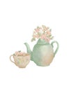 time to drink tea, drawing of vintage teapot and cup with flowers Royalty Free Stock Photo