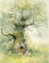 Magic fairytale glade in the forest, watercolor drawing of a large tree on a meadow in summer Royalty Free Stock Photo