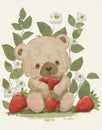 vintage Illustration of bear, forest wild animal bear, fabulous animal, cartoon bear with strawberry