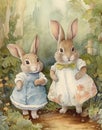 watercolor vintage drawing of two cute rabbits in a vintage atmosphere dating walk through the woods, vintage postcard