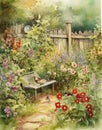 magical watercolor summer garden with flowers and vegetables, vintage postcard, watercolor garden background