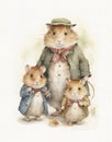 Watercolor drawing family of hamsters, cartoon rodent hamster