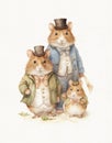 Watercolor drawing family of hamsters, cartoon rodent hamster